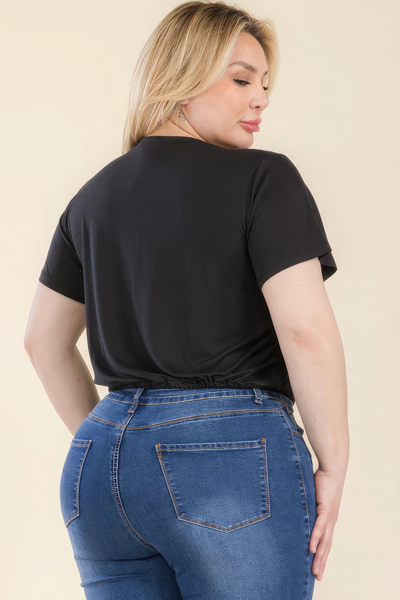 Plus Size Crop Top with Tie Front Drawstring Short Sleeves Black Trendy Styles & Beauty CC57767SI3