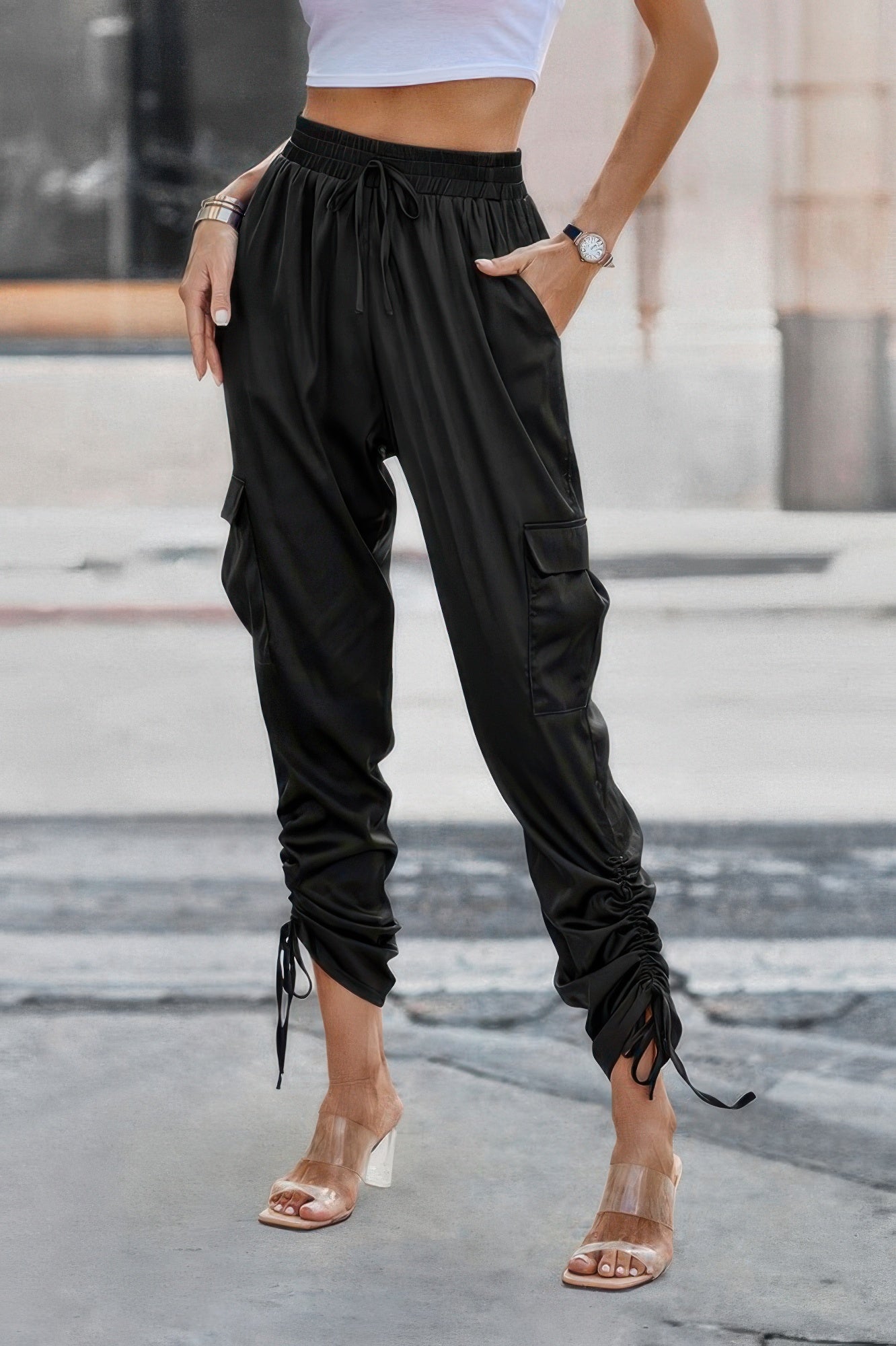 Solid Drawstring Side Stacked Pant with Hem Flap Pocket Coffee Trendy Styles & Beauty WH3000195D