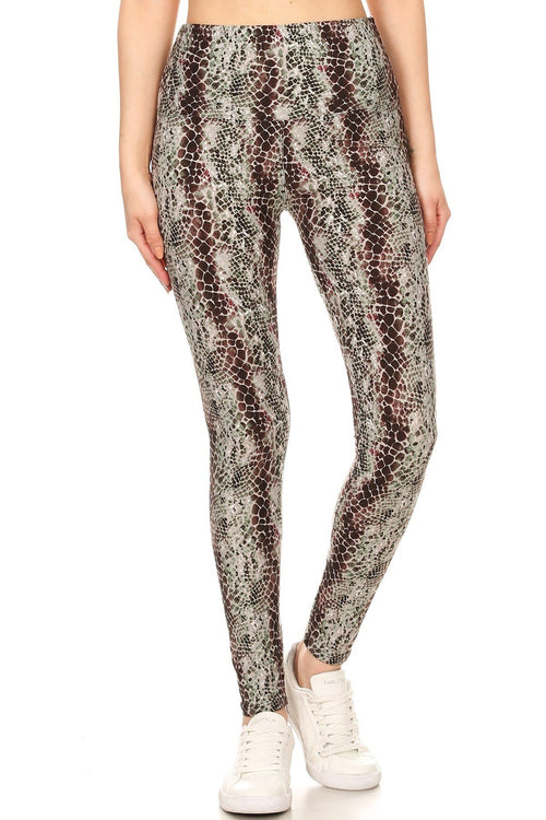 Yoga Leggings Snakeskin Print - Banded Lined Knit Legging with High Waist Trendy Styles & Beauty CC54724