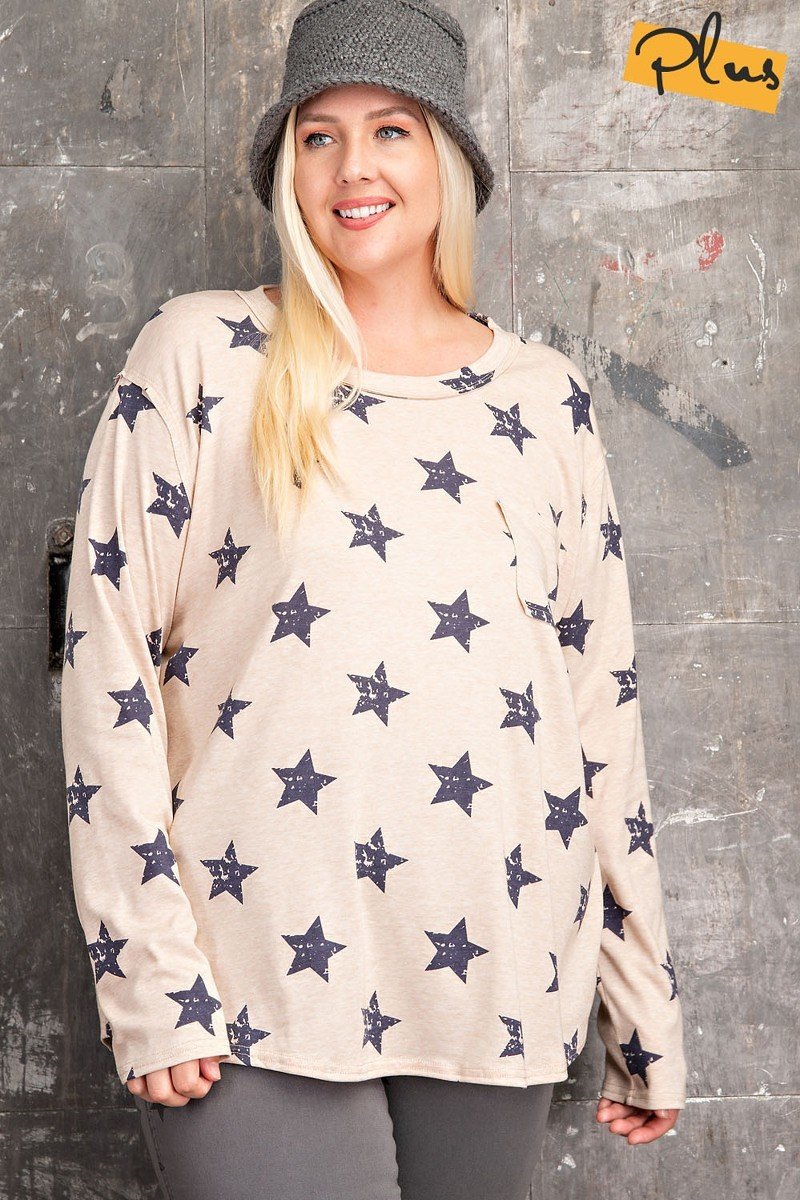 Plus Size Star Printed Top - Poly Rayon Loose Fit 3XL Trendy Styles & Beauty CC55361A