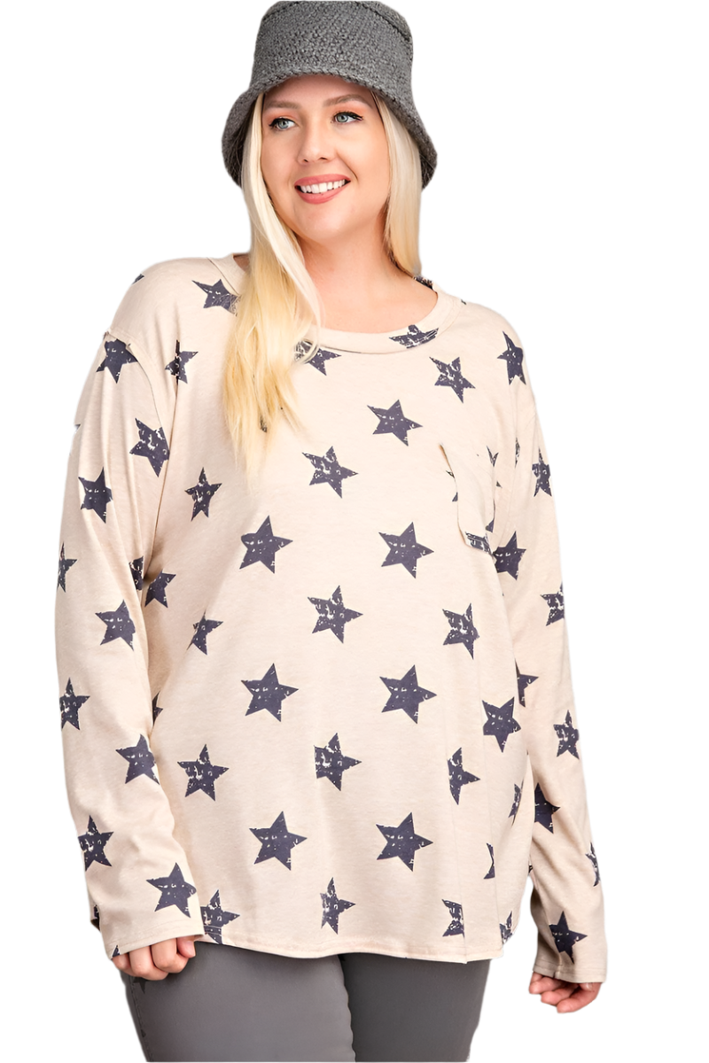 Plus Size Star Printed Top - Poly Rayon Loose Fit Trendy Styles & Beauty CC55361A