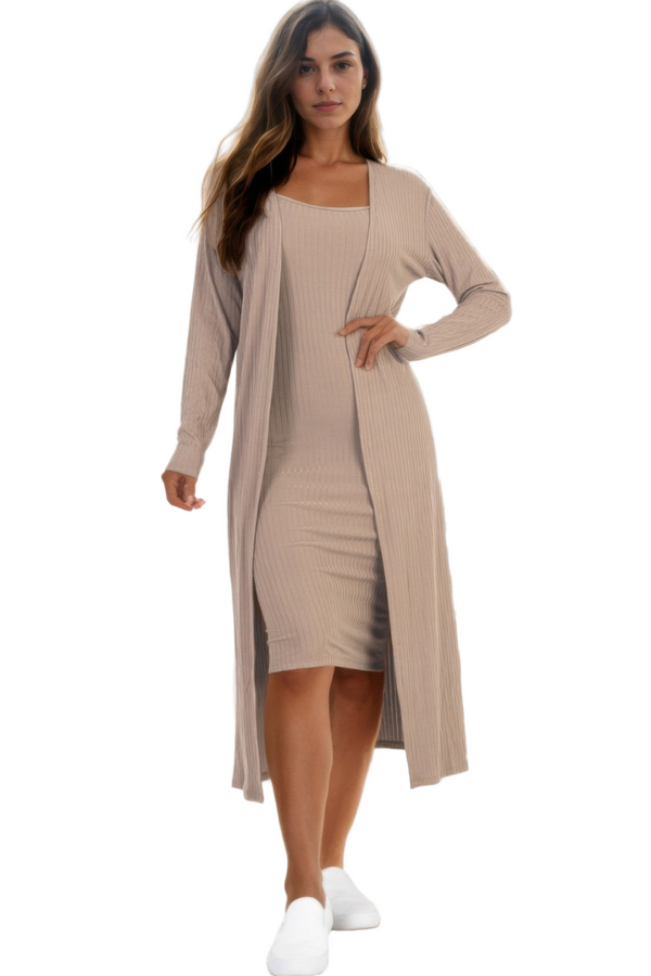 Ribbed Cardigan & Cami Midi Bodycon Dress