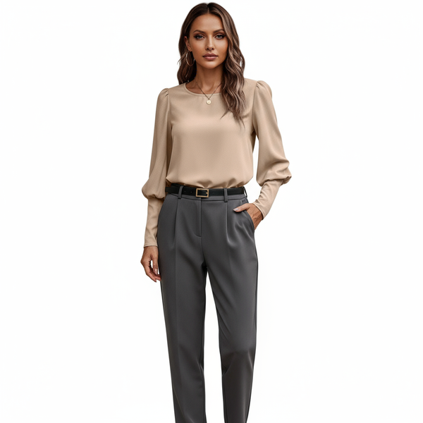 Crew Neck Solid Leg Of Mutton Sleeve Shirt