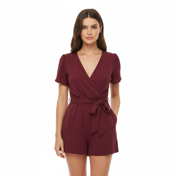 Stretch Belted Plunge Neck Wrap Knot Side Romper